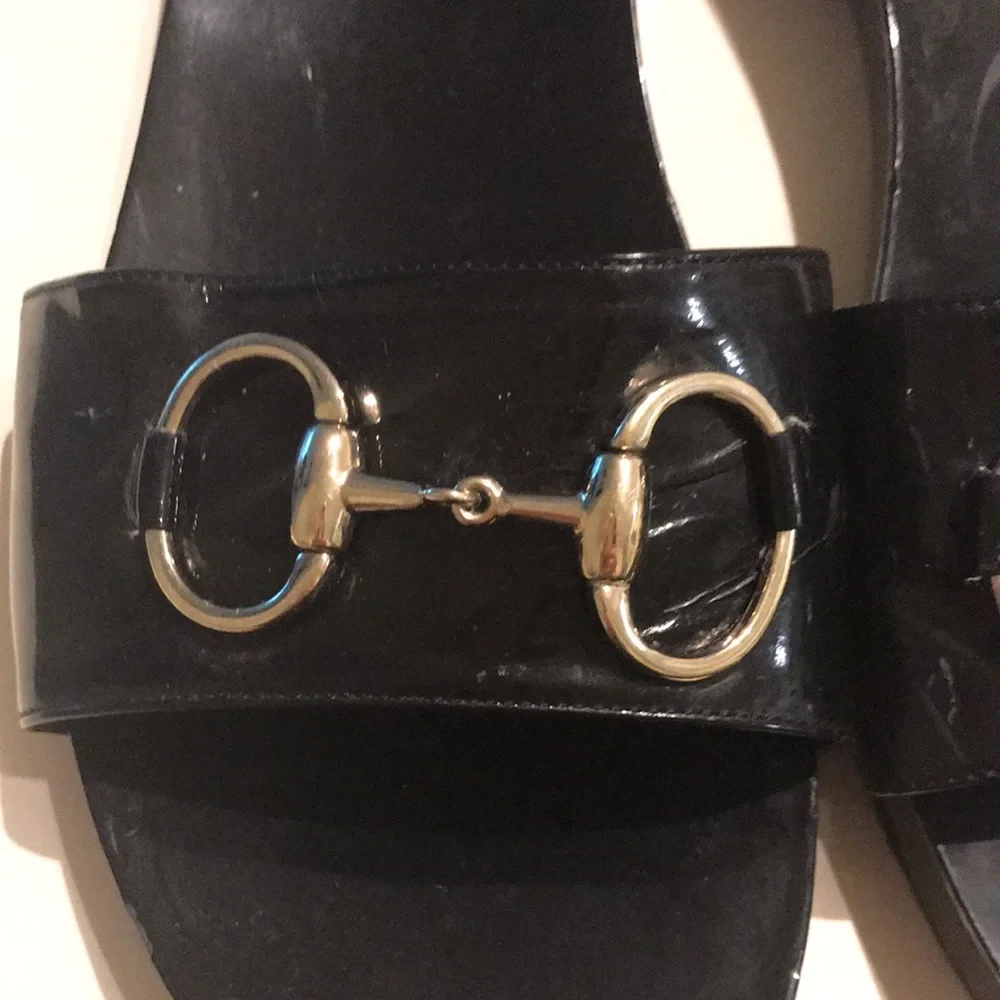 Gucci leather black pattern clogs size 10 lightly used gold trim - Picture 2 of 4